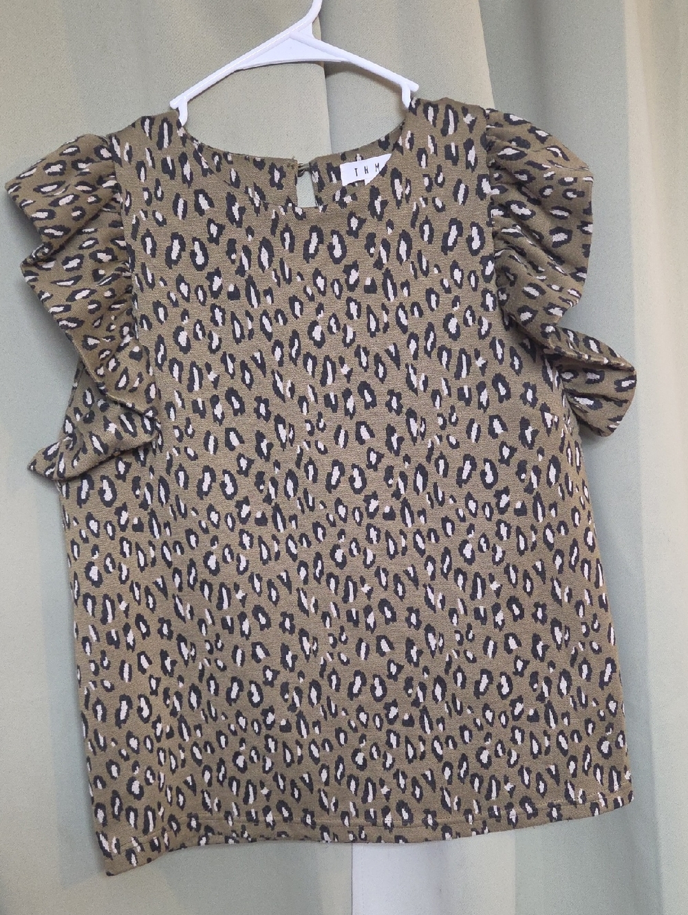 THML Olive Animal Print Ruffle Sleeve Shirt